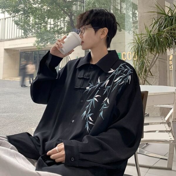 Bamboo Embroidered Long-sleeved Shirt Men's Hanfu Chinese Frog Tang Suit Robe Shirt Coat - Image 2