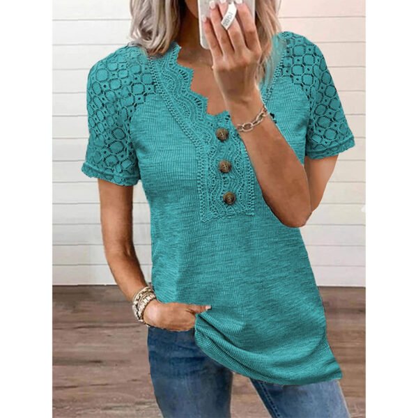 Casual Solid Color Lace V-neck Patchwork Top T-shirt With Short Sleeves - Image 6