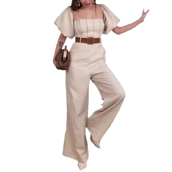 Square Collar Solid Color Sleeve Fitted Waist Backless Temperament Straight Jumpsuit - Image 5