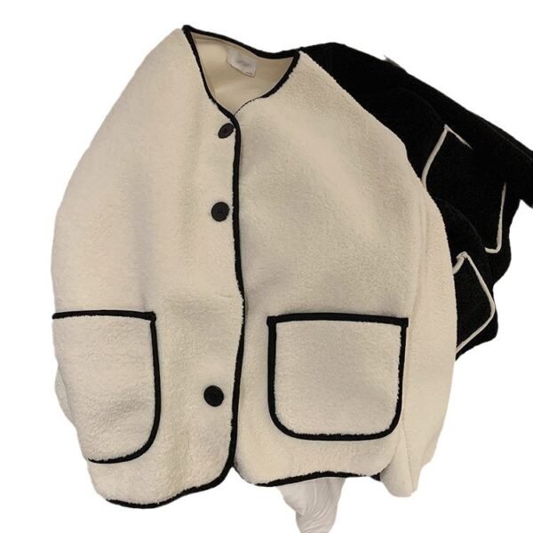 Khaki Round Neck Lamb Wool Coat For Women - Image 5