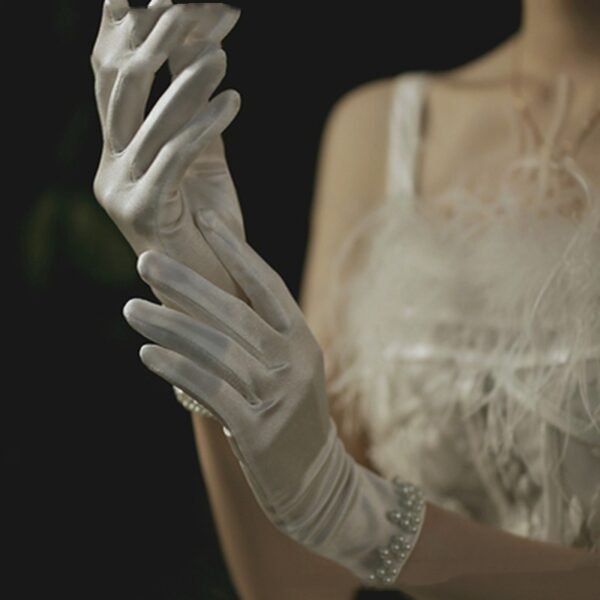 Bridal Gloves Pearl Lace Bow - Image 6