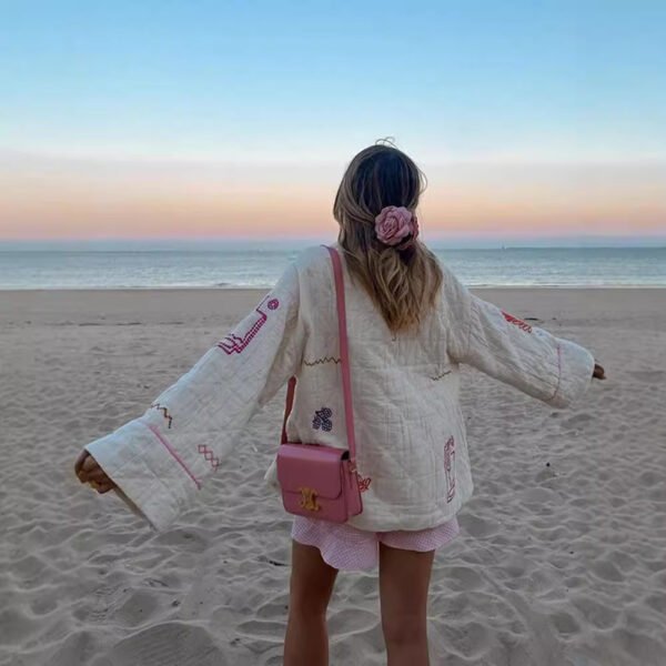Casual All-match V-neck Fruit Embroidery Kimono Jacket - Image 4