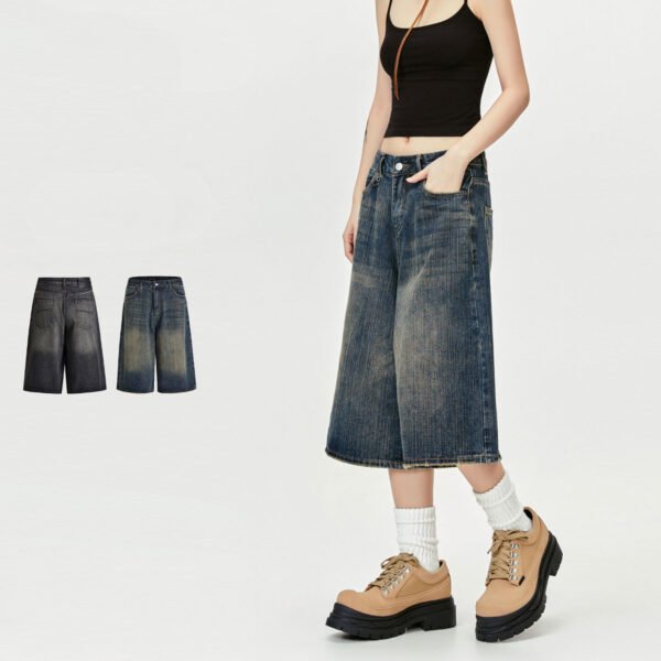 Wide Leg Cropped Jeans Summer Retro Washed Distressed Straight - Image 5
