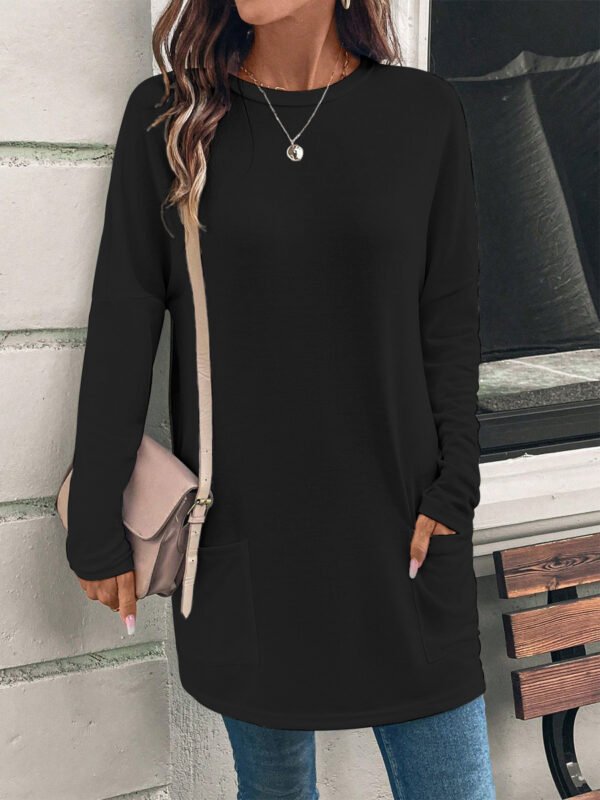 Women's Solid Color Long Sleeve Loose Round Neck Pocket Top T-shirt - Image 6