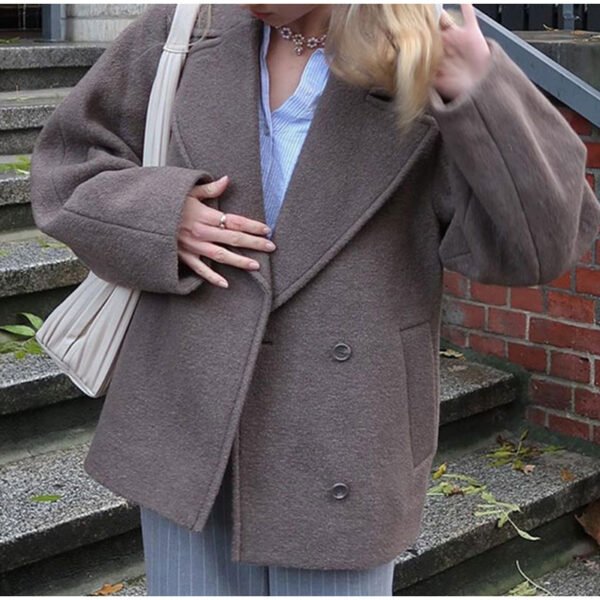 Lapel Double Breasted Short Woolen Coat - Image 3