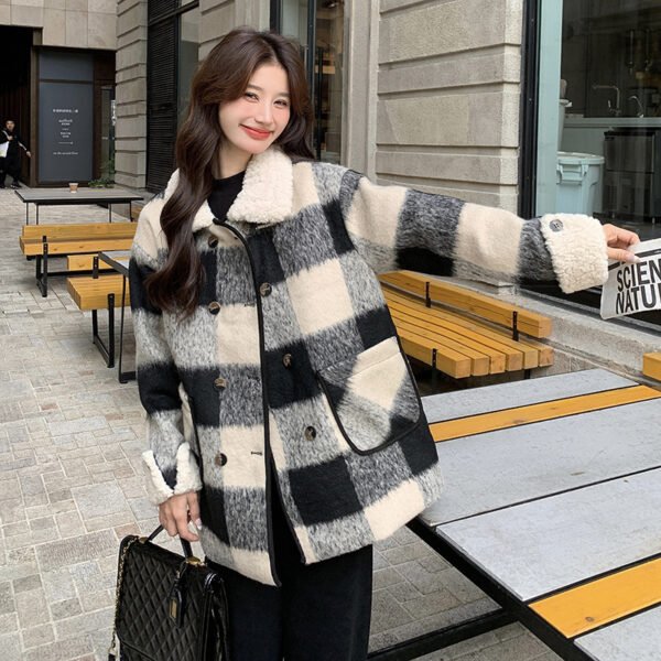 Black And White Lattice Pattern Lamb Wool Coat - Image 2
