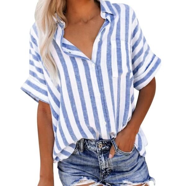 Summer New Women's Short-sleeved Shirt Cotton And Linen Stripes Loose - Image 3