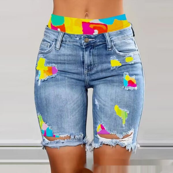 Color Contrast Patchwork Ripped Fake Two-piece Denim Shorts - Image 6