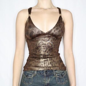 Glossy Leopard Print Contrast Color Slim V-neck Backless Spaghetti-strap Camisole Top