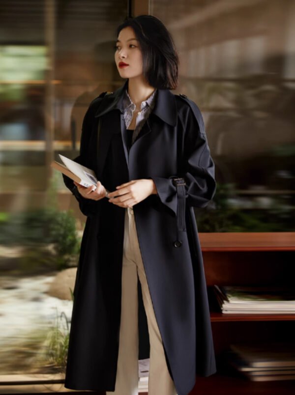 Twill Large Lapel Double Breasted Lacing Mid-length Trench Coat - Image 6