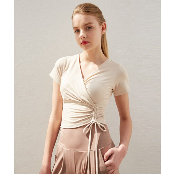 Summer Fashion New Short Sleeve Yoga Suit V-neck Cross Rope Waist Slimming Sports Pilates Ballet Style - Image 4