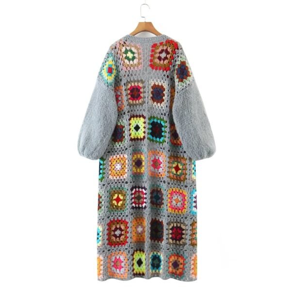 Color Plaid Round Neck Long Coat - Image 4
