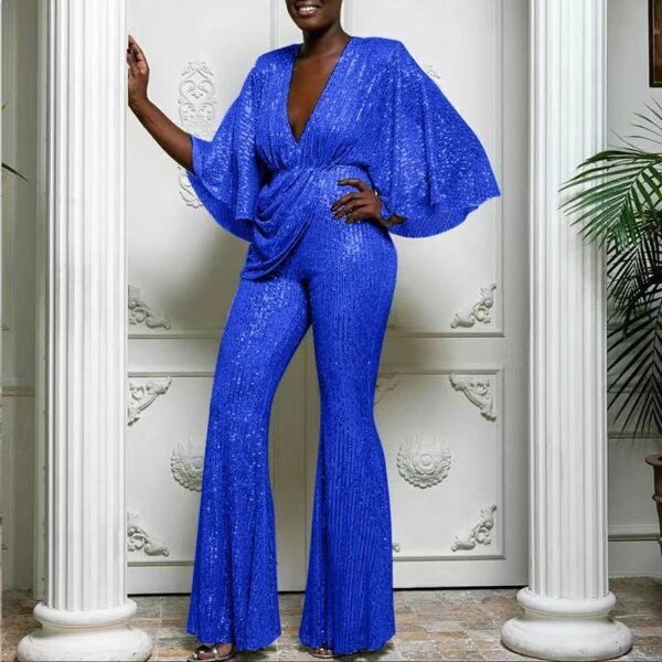 Sequined Deep V-neck And Backless Jumpsuit Trousers - Image 9
