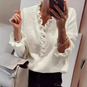 Long Sleeved Ruffled Women's Knitted Sweater