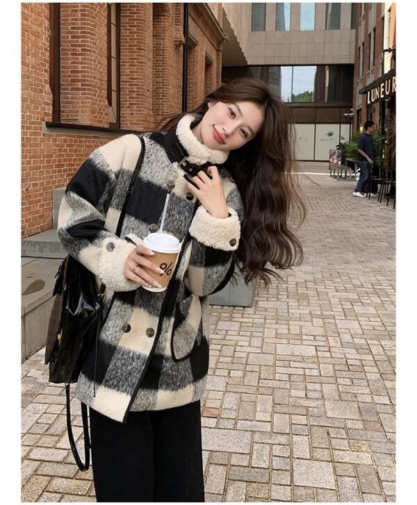 Black And White Lattice Pattern Lamb Wool Coat - Image 7