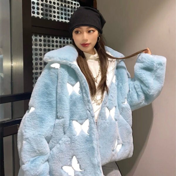 Casual Loose Plush Reflective Faux Leather Coat - Image 5