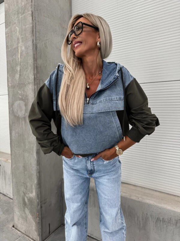 Fashion Loose Casual Washing Denim Stitching Hooded Women's Sweater - Image 7