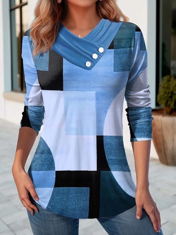 Women's Geometric Stitching Contrast Color V-neck Top - Image 5