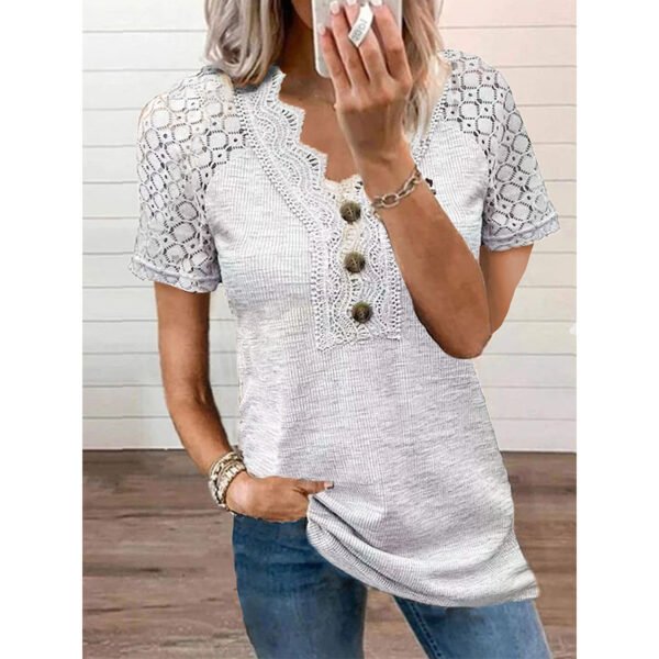 Casual Solid Color Lace V-neck Patchwork Top T-shirt With Short Sleeves - Image 4
