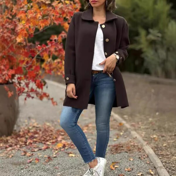 Polo Collar Solid Color Casual Bow Woolen Coat - Image 2