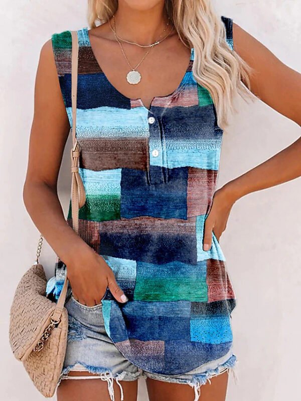 New Striped Printed Button Loose U-neck Vest T-shirt - Image 7