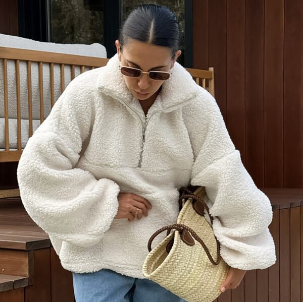 Stand Collar Beige Fleece Sweatshirt - Image 2