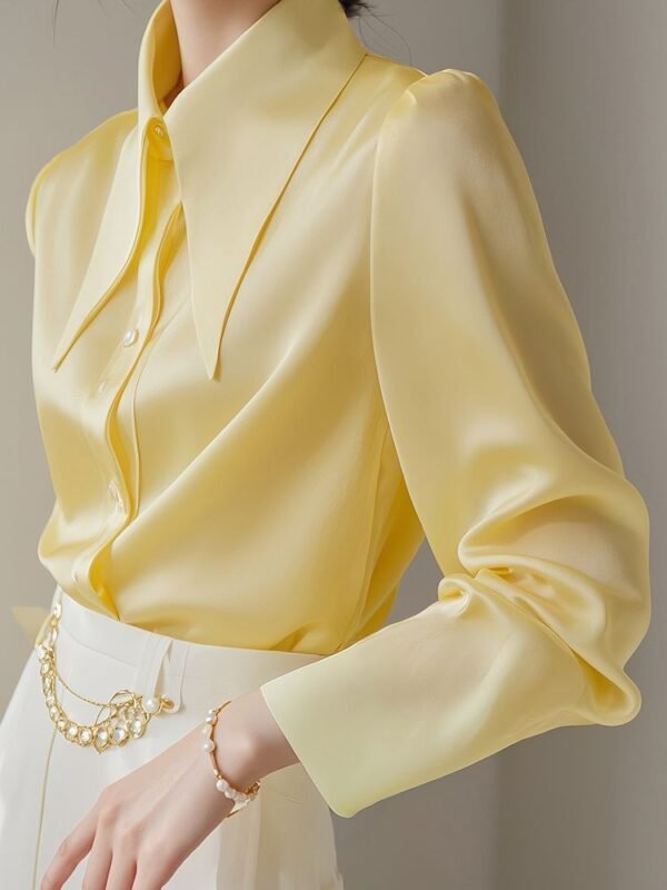French Light Ripe Yellow Big Pointed Collar Long Sleeve Shirt - Image 3
