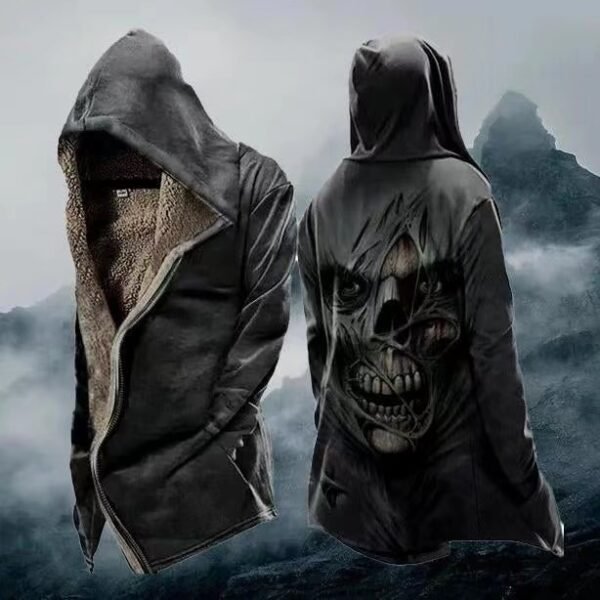 Autumn Winter Fleece Thickened Skull Print Coat Trench Coat - Image 6