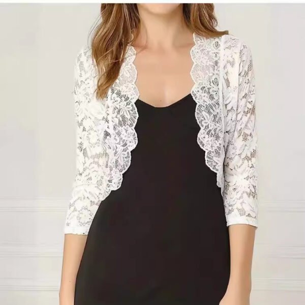 Ladies' Vest Short Collarless Cardigan Top Solid Color Elegant Lace Shirt - Image 4