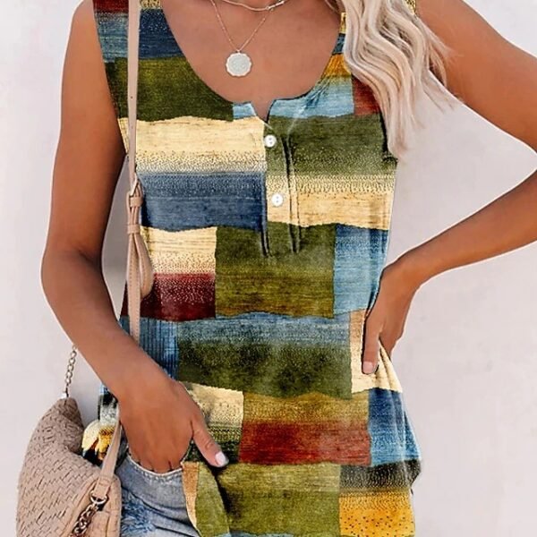 New Striped Printed Button Loose U-neck Vest T-shirt - Image 2