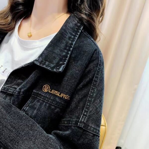 Loose Embroidered Lettered Black Denim Jacket - Image 2