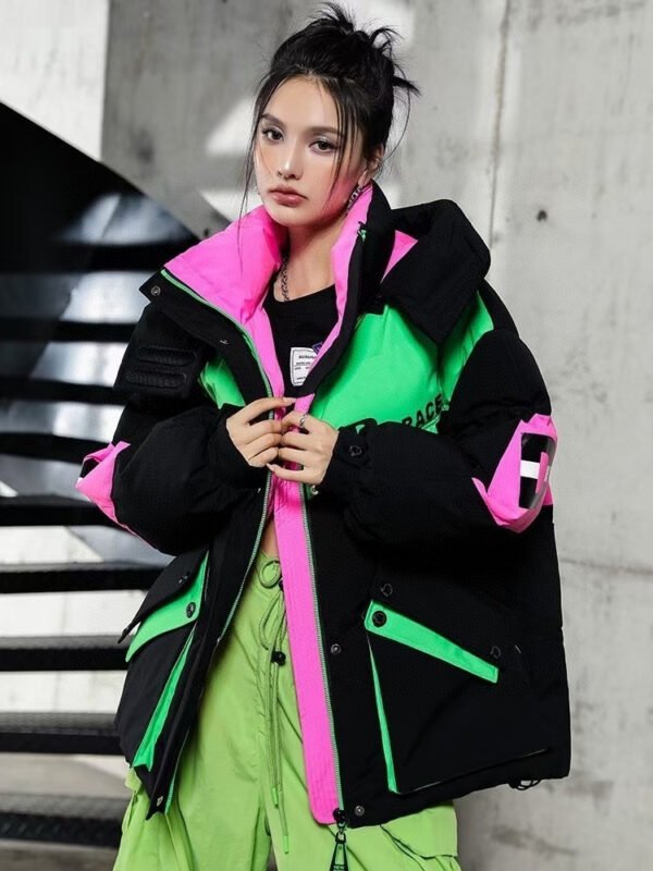 Thick Down Jacket Hooded Color Contrast Stitching Workwear - Image 5