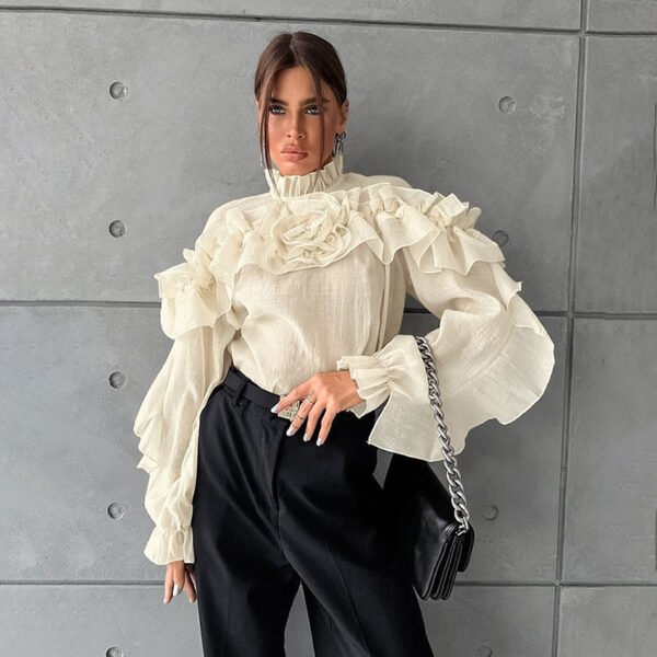Ruffled Graceful Stand Collar Tencel Shirt - Image 4