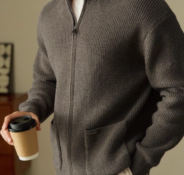 Anti-Pilling Heavy Zipper Knitted Cardigan Stand Collar Pocket Sweater - Image 2