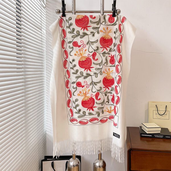 Contrast Color Pomegranate Leaf Embroidered Double-sided Shawl - Image 6