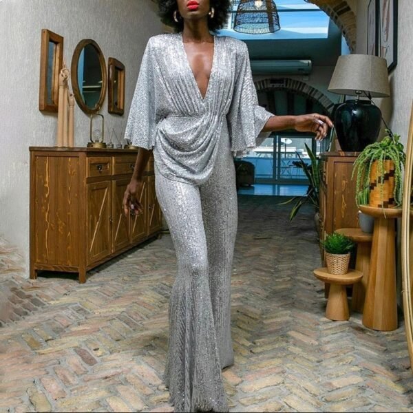 Sequined Deep V-neck And Backless Jumpsuit Trousers - Image 2