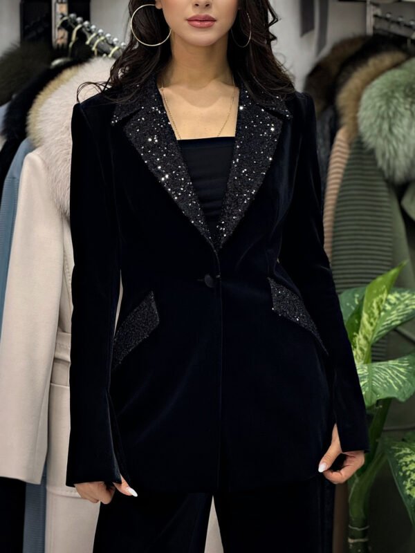 Velvet Patchwork Sequined Blazer & High-waisted Pants Suit - Image 3