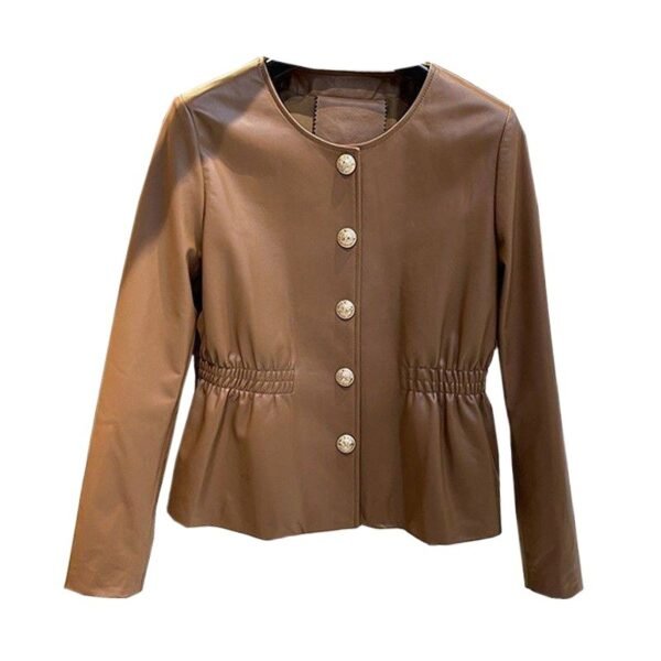 Round Neck Washed Leather Single-breasted Waist Slim Fit Coat - Image 5