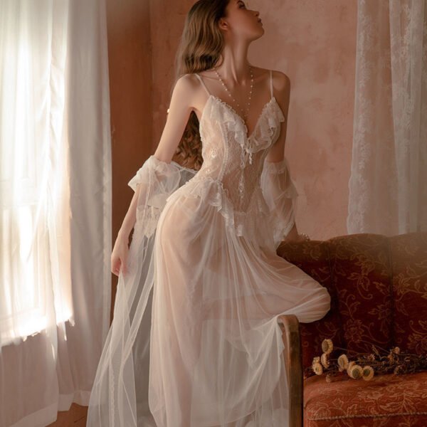 Women Chemise White Polyester Lace Sheer Stretch Chemise Overcoat Panty 3-Piece Set Sexy Lingerie Outfit - Image 3