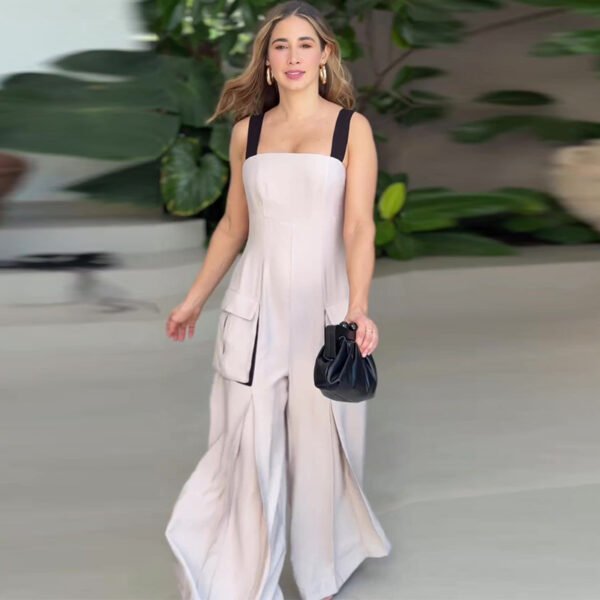 Contrast Casual Style Square Collar Sling Wide Leg Jumpsuit - Image 4