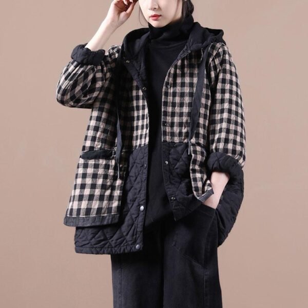 Artistic Plus Size Cotton Linen Cotton-padded Coat Plaid Coat - Image 7