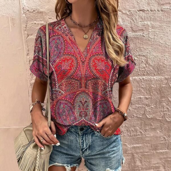 Printed T-shirt Ethnic V-neck Summer Short Sleeve - Image 6