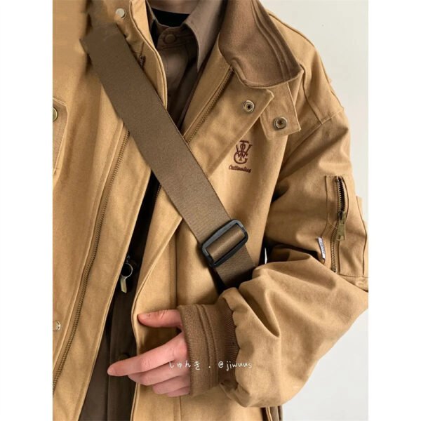 Retro Embroidery Design Workwear Coat Polo Collar Color Block Jacket - Image 4