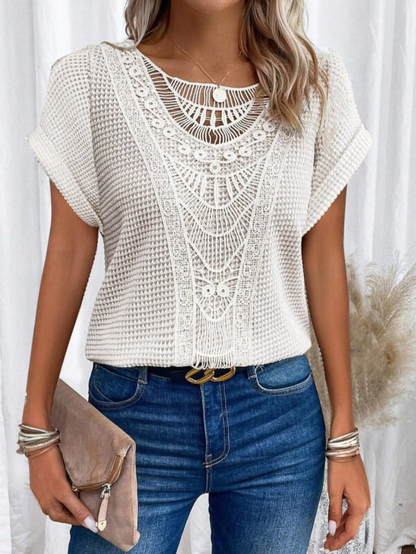 Summer Hollow Out Short-sleeved T-shirt Women's Clothing - Image 6