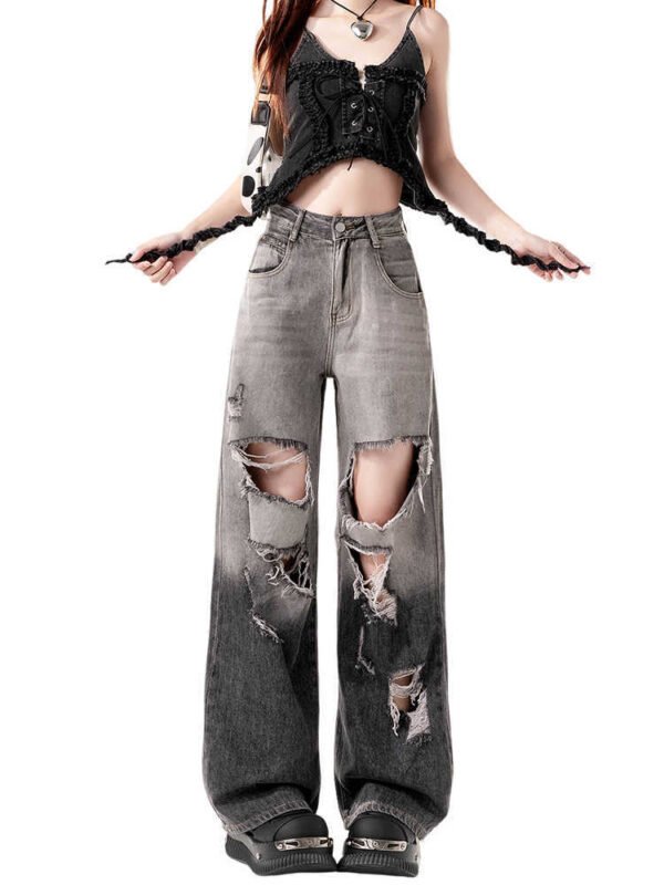 Black Gradient Ripped Wide-legged Jeans Women's High Waist Loose Straight Trousers - Image 3