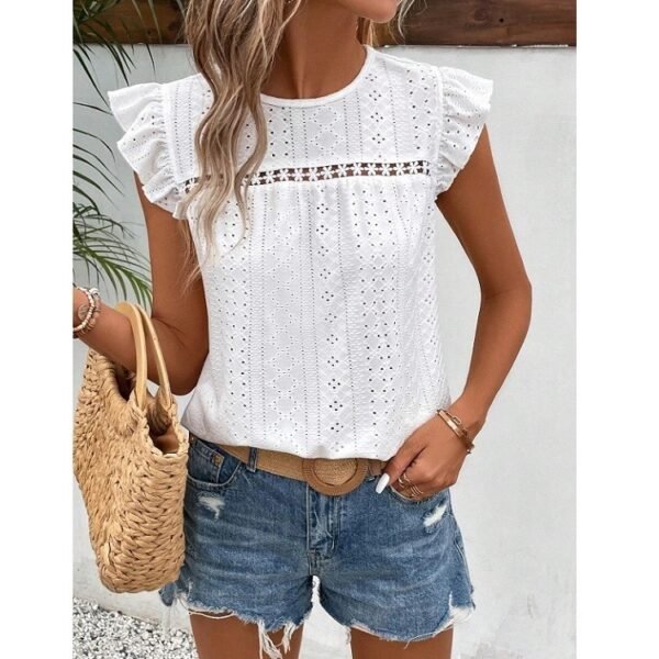 Round Neck Lace Solid Color Ruffled Short Sleeve - Image 2