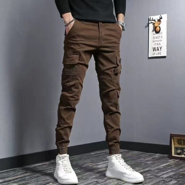Coffee Colored Men's Slim Fit Elastic Casual Denim Work Pants - Image 3
