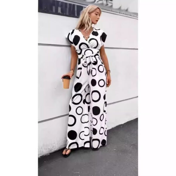 Fashion Elegant Casual V-neck High Waist Print Wide Leg Belt Jumpsuit - Image 2