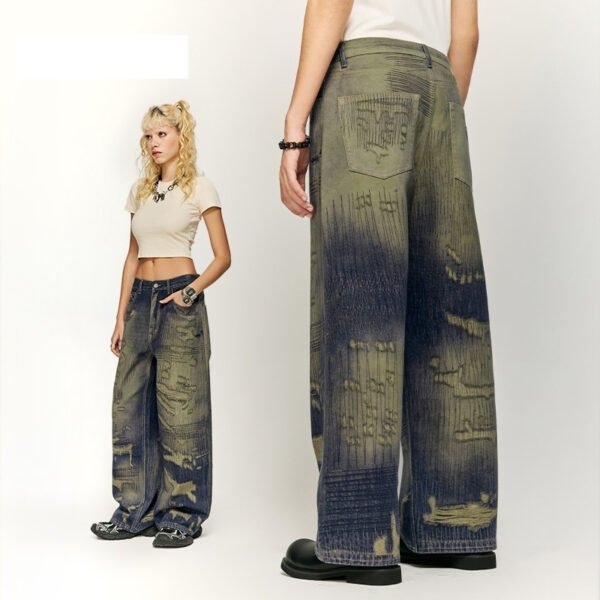 Autumn And Winter New American Street Fashion Printed Denim Wide Leg Pants For Men - Image 3