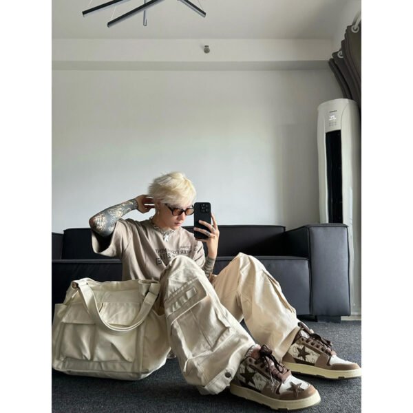 Beige And White Overalls Men Multi-pocket Design - Image 5
